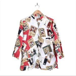 CITRON Mandarin Collar Geisha Stamp Ramie 3/4 Sleeve Top